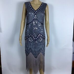 METME Silver Sequined,beaded w/fringed bottom Flapper Dress  S